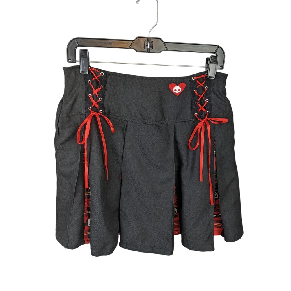 Hot Topic Skelanimals Plaid Pleated Mini‎ Skirt Goth Punk Y2K Medium Black Red
